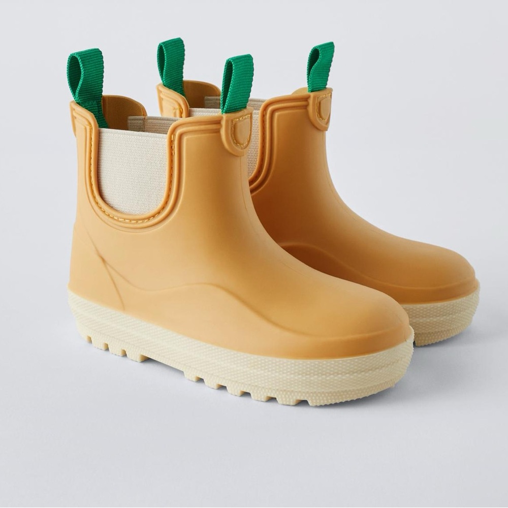 Tan and Green Rubber Boots